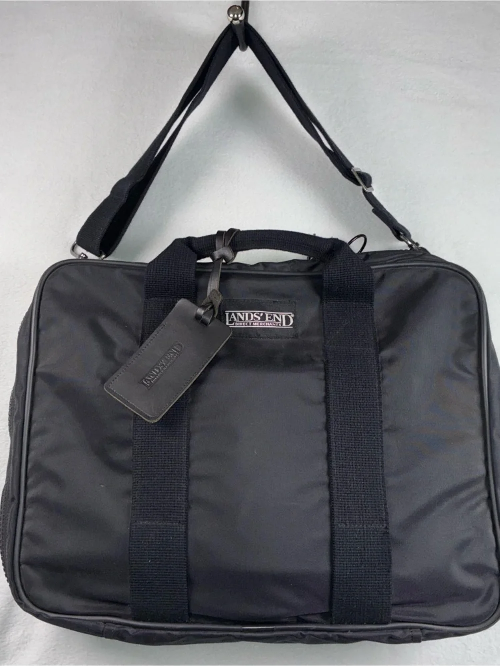 Lands' End Black Laptop Messenger Bag Nylon Zip Around Briefcase Adj Strap